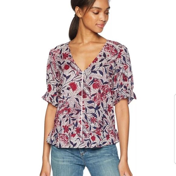 Lucky Brand Floral Printed Short Sleeve Top V-Neck Red White Blue Size Small - Picture 1 of 8
